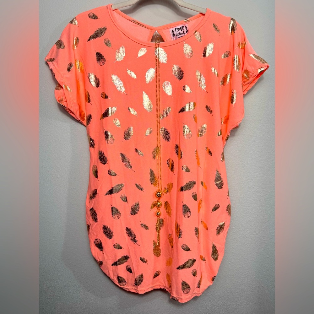 Love Maternity Peach Top with Metallic Feather Design